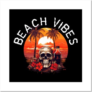 Skull and Empty Bottle - Beach Vibes (White Lettering) Posters and Art